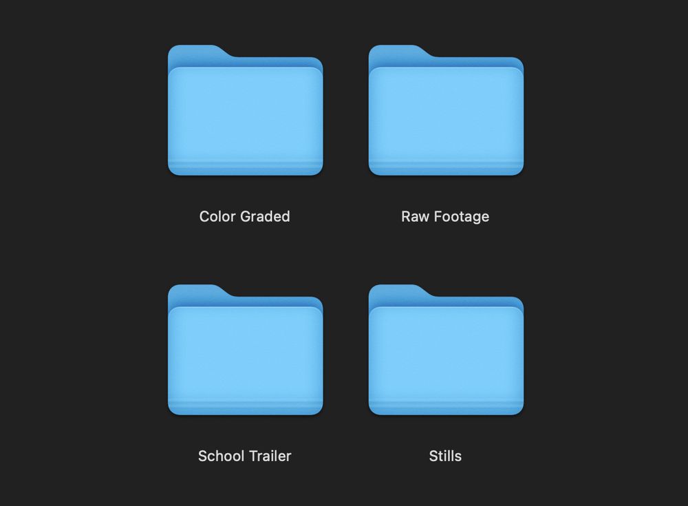 Delivery folders: color graded, raw footage, school trailer, stills
