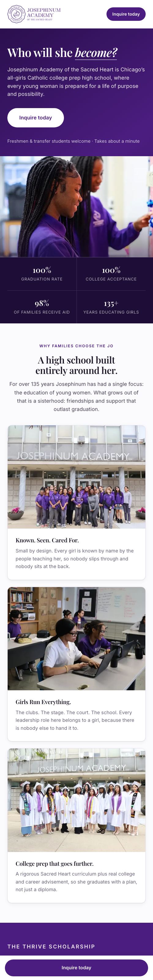 Josephinum's custom landing page, inquire.josephinum.org
