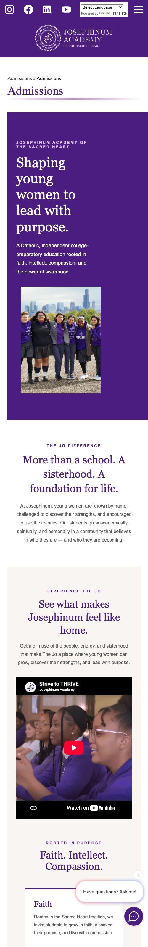 Josephinum's admissions page on their main website